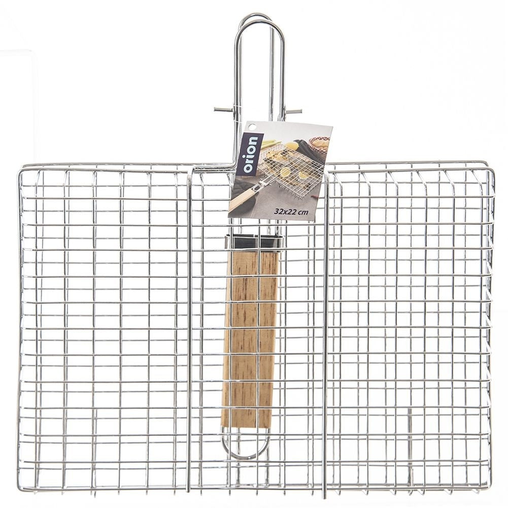 Universal barbecue basket in chromed metal with wooden handle