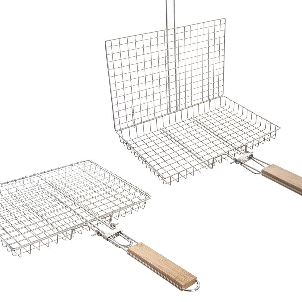 Universal barbecue basket in chromed metal with wooden handle