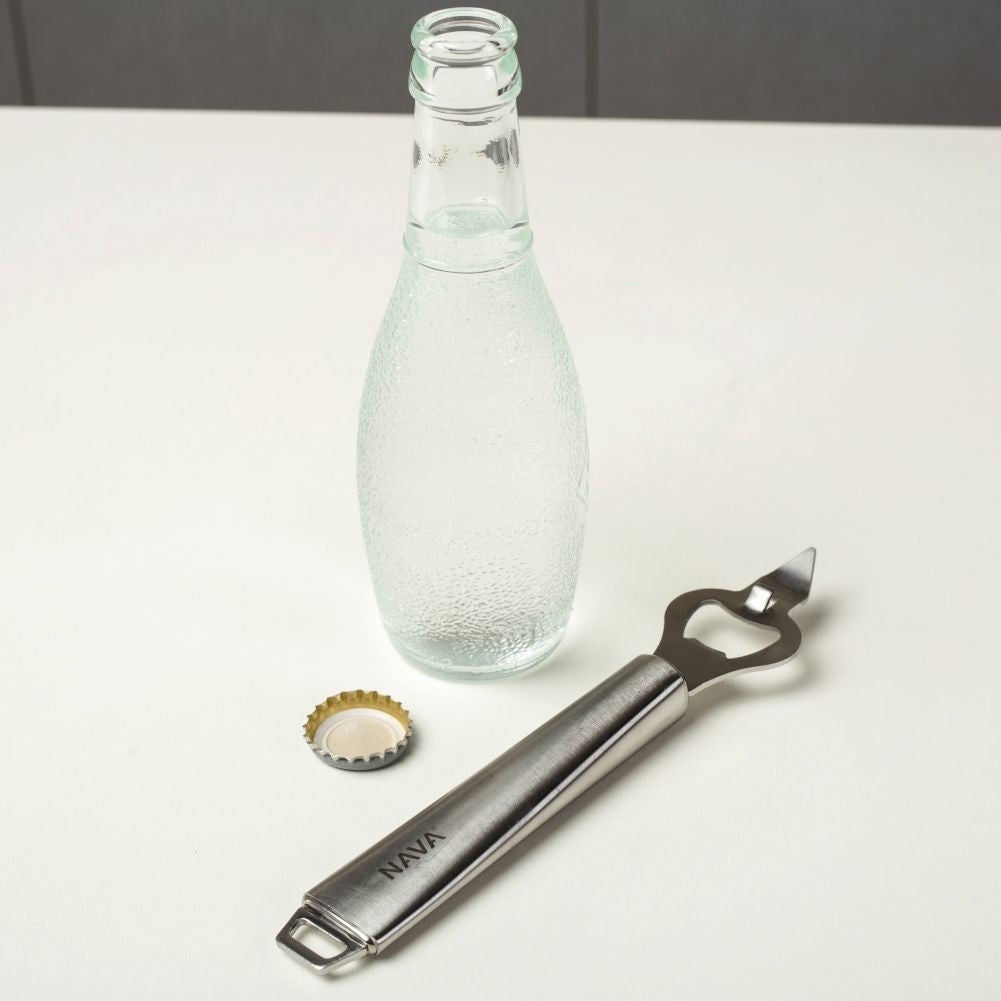 Universal bottle opener in matt stainless steel, dishwasher safe