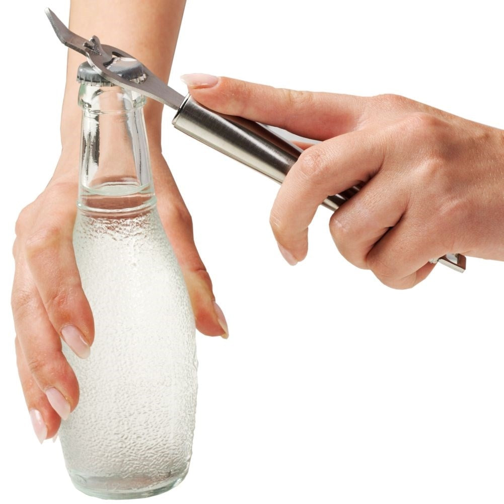 Universal bottle opener in matt stainless steel, dishwasher safe