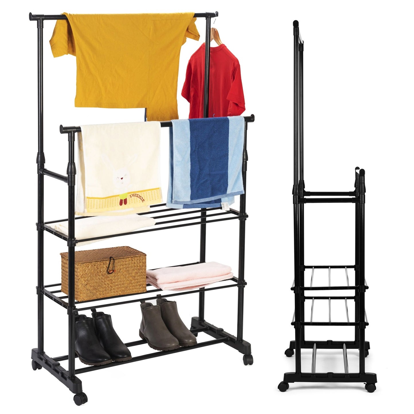 Universal clothes hanger with wheels, standing, height adjustable, 2 rods