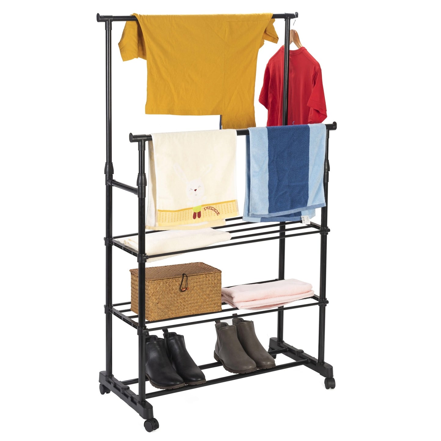 Universal clothes hanger with wheels, standing, height adjustable, 2 rods