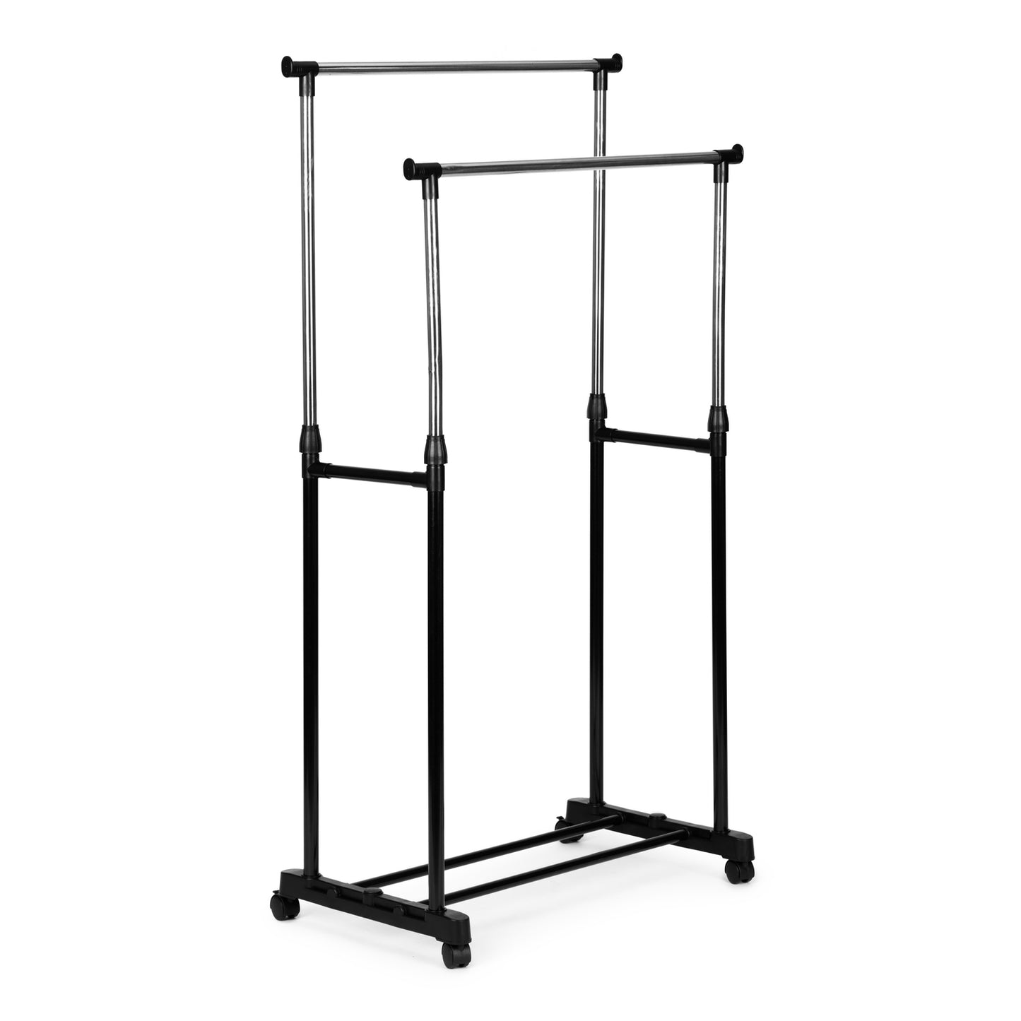 Universal clothes hanger with wheels, standing, height adjustable, 2 rods