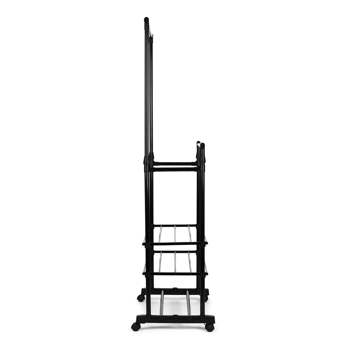 Universal clothes hanger with wheels, standing, height adjustable, 2 rods