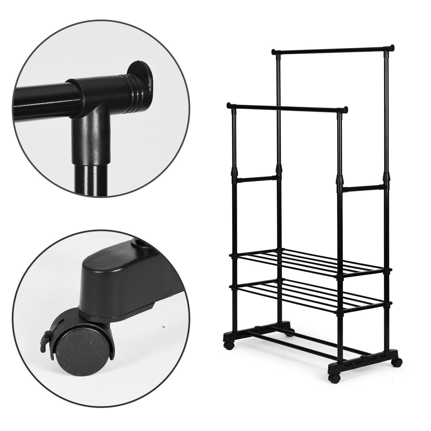Universal clothes hanger with wheels, standing, height adjustable, 2 rods