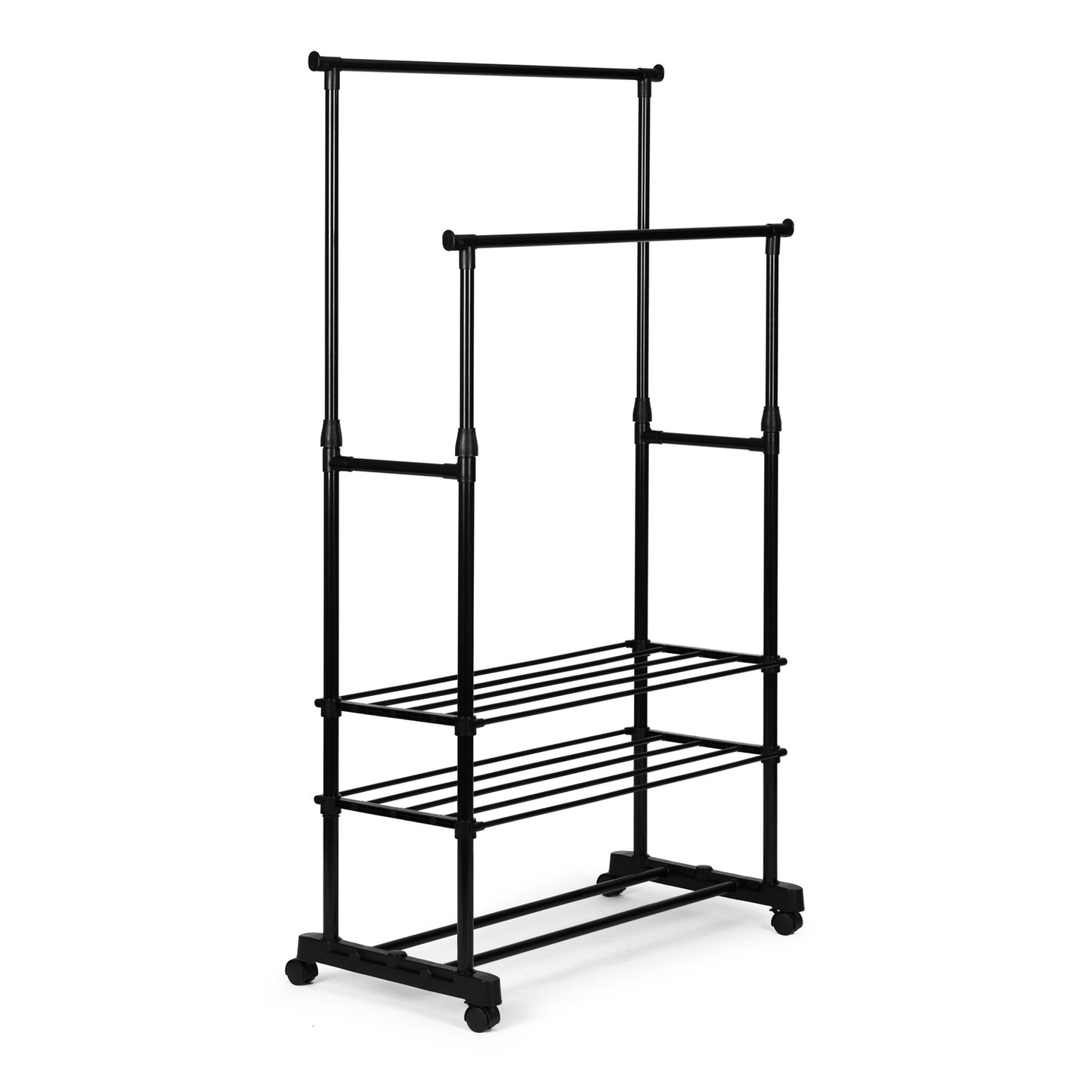Universal clothes hanger with wheels, standing, height adjustable, 2 rods