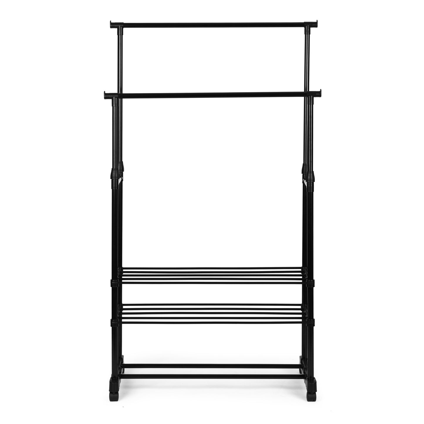 Universal clothes hanger with wheels, standing, height adjustable, 2 rods