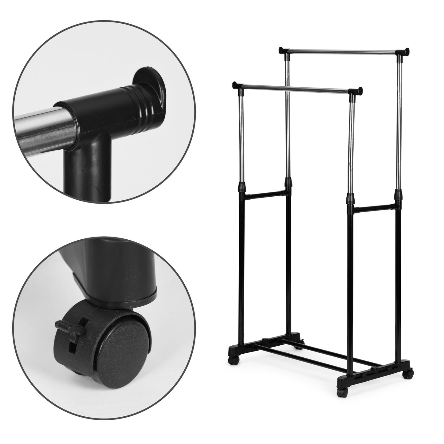 Universal clothes hanger with wheels, standing, height adjustable, 2 rods