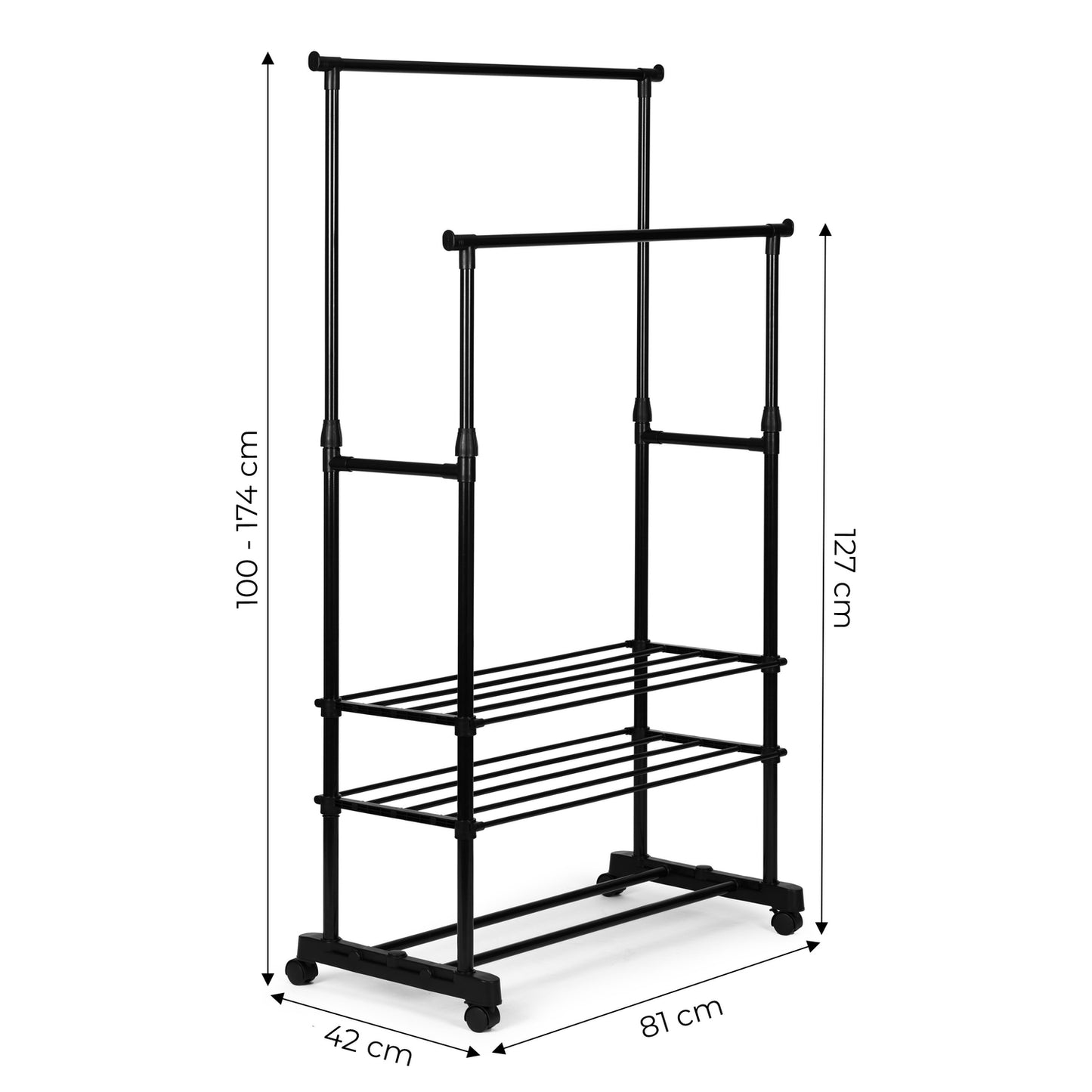 Universal clothes hanger with wheels, standing, height adjustable, 2 rods
