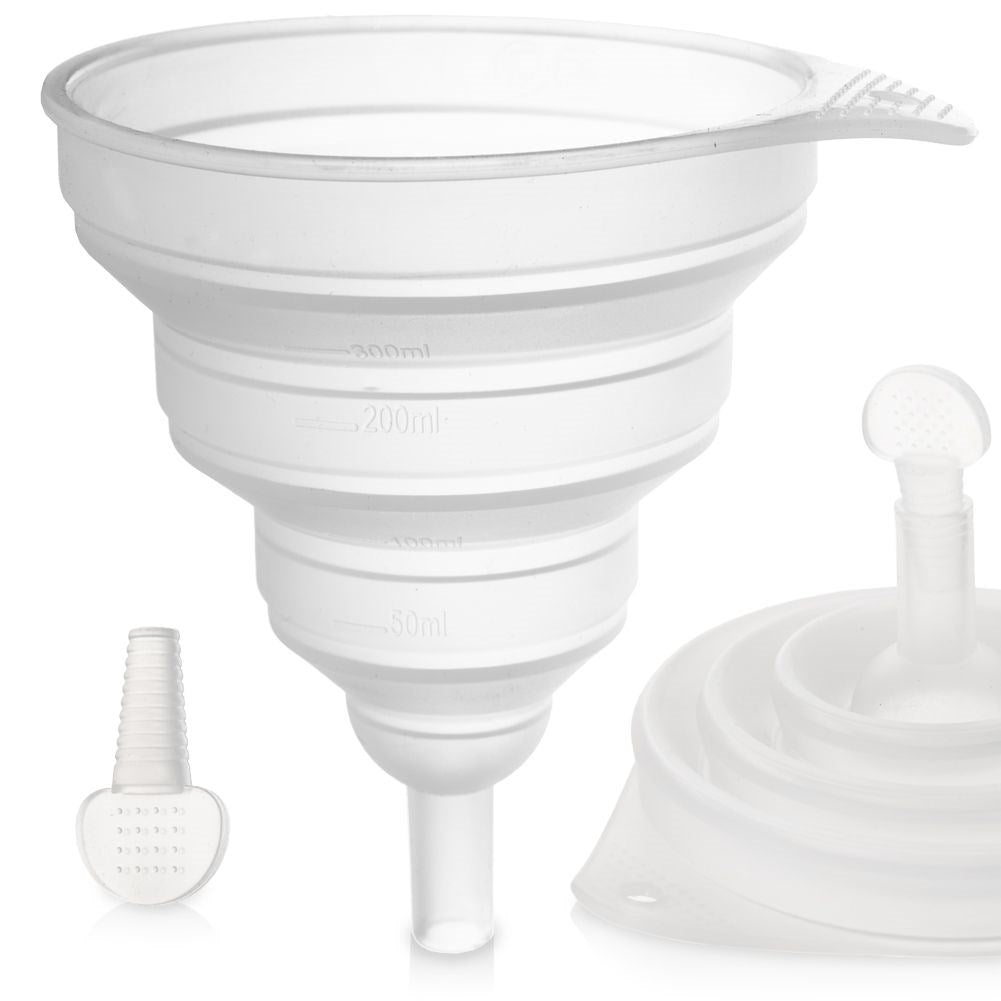 Universal collapsible silicone funnel with measuring function for the kitchen