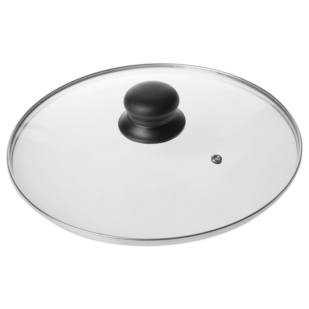 Universal glass lid with steam valve, dishwasher safe