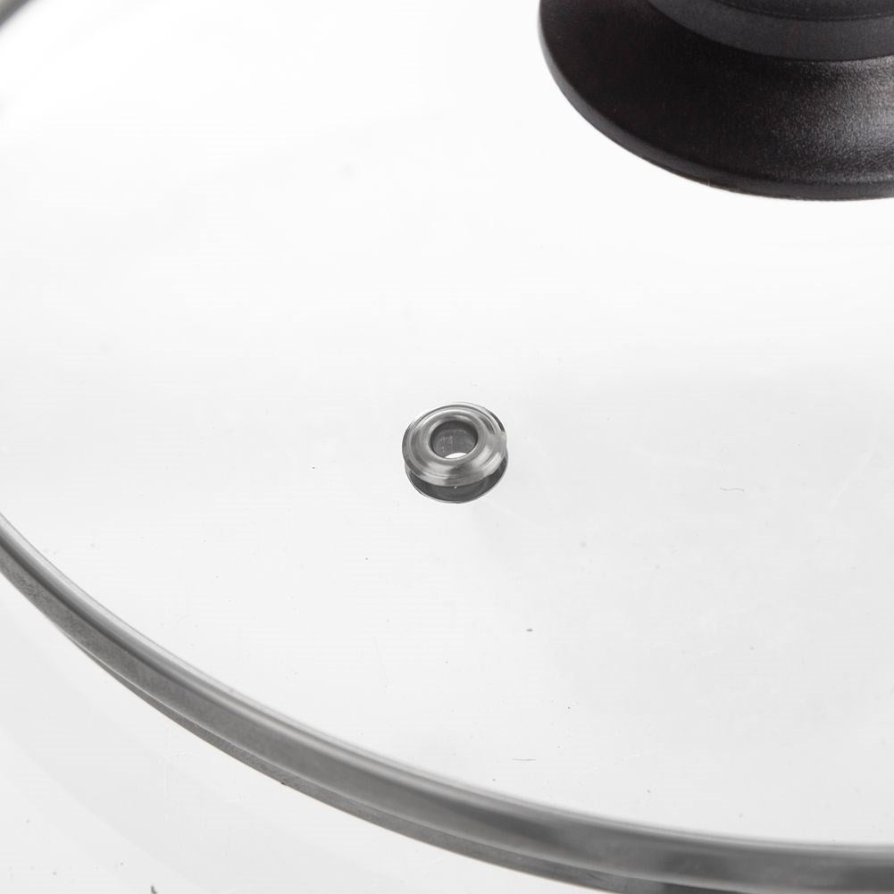 Universal glass lid with steam valve, dishwasher safe