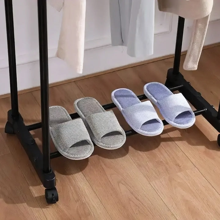 Universal, height-adjustable clothes hanger with wheels