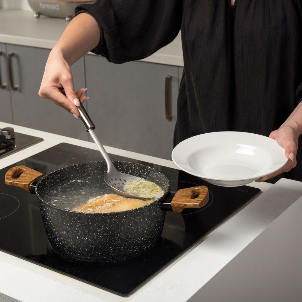 Universal kitchen spoon for draining, matt stainless steel