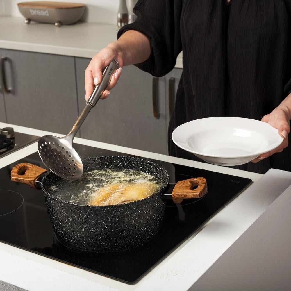 Universal kitchen spoon for draining, matt stainless steel