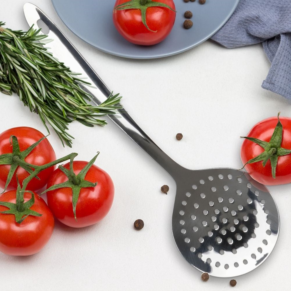 Universal kitchen spoon in stainless steel for draining food
