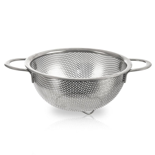 Universal kitchen strainer in stainless steel with handle and feet