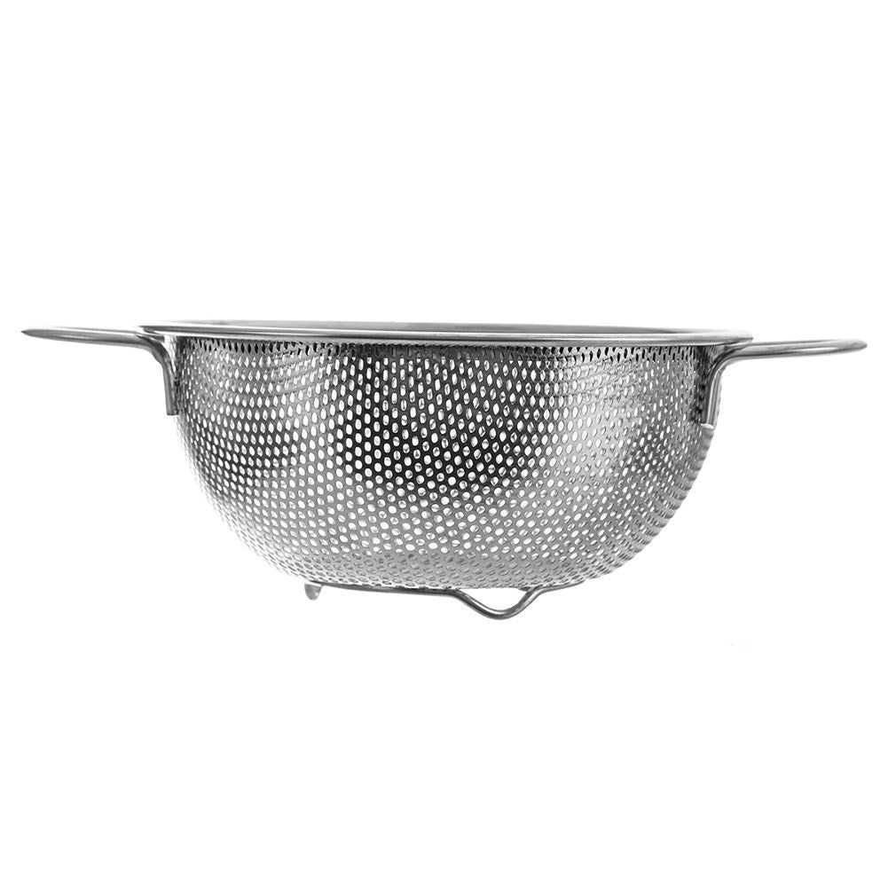 Universal kitchen strainer in stainless steel with handle and feet