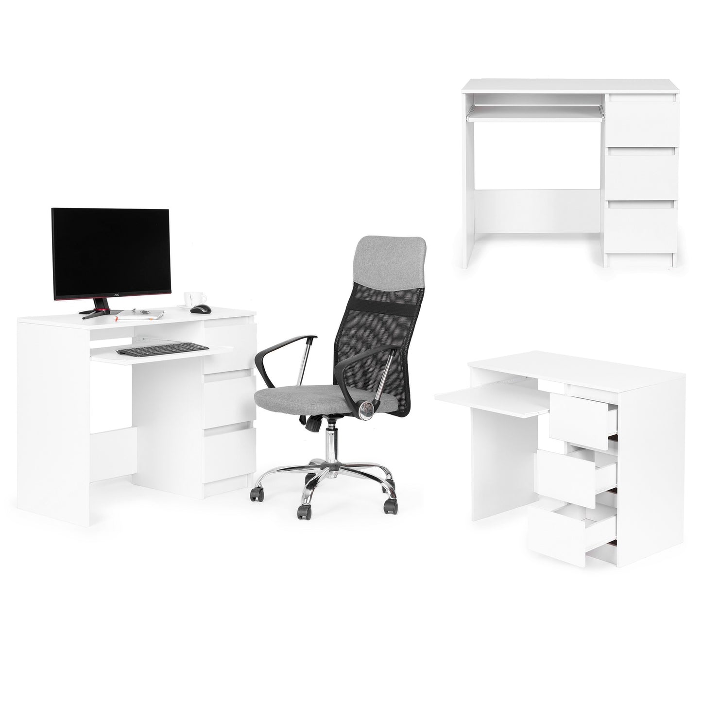 Universal white office computer desk with 3 drawers