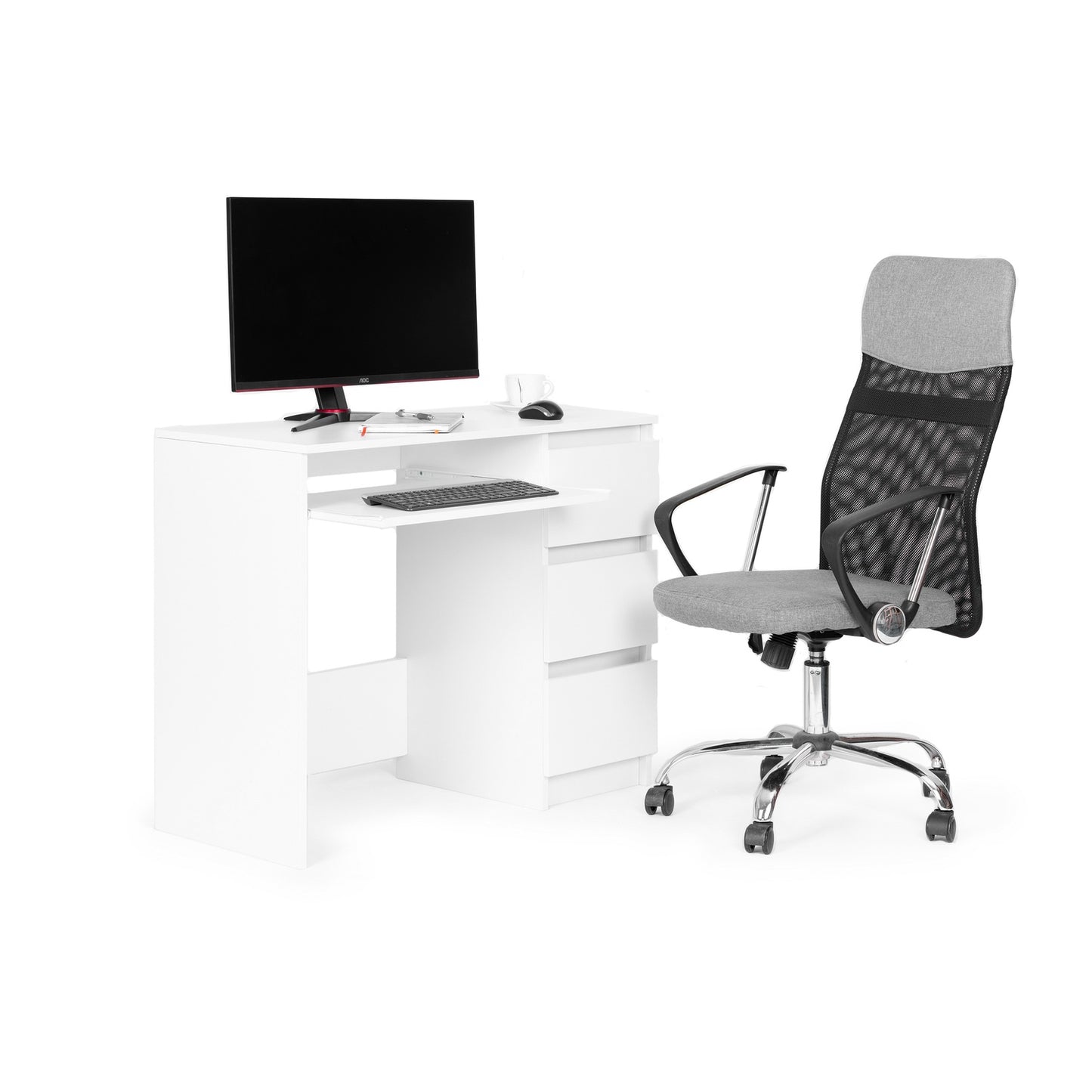 Universal white office computer desk with 3 drawers