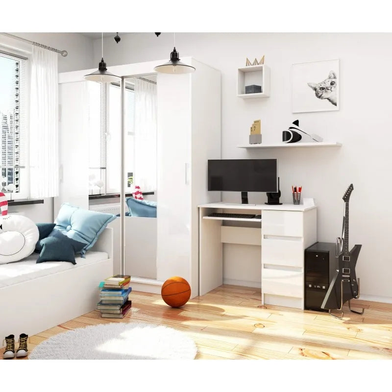 Universal white office computer desk with 3 drawers