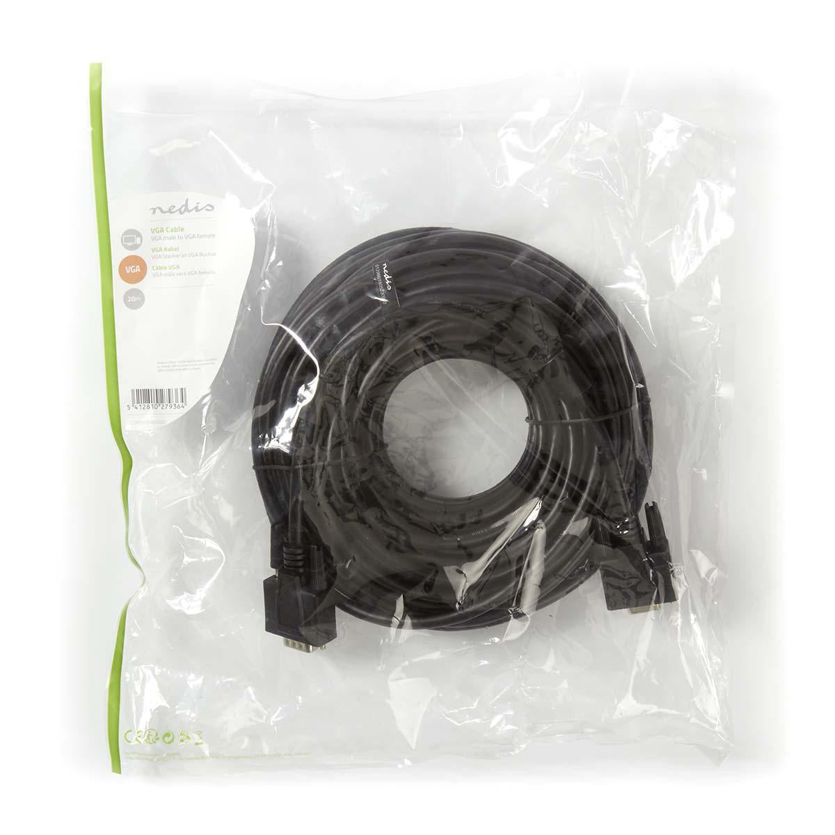 VGA cable | VGA Male | VGA female 15p | Nickel Plated | Maximum resolution: 1280x800 | 20.0 m | Round | ABS | Black | Plastic bag
