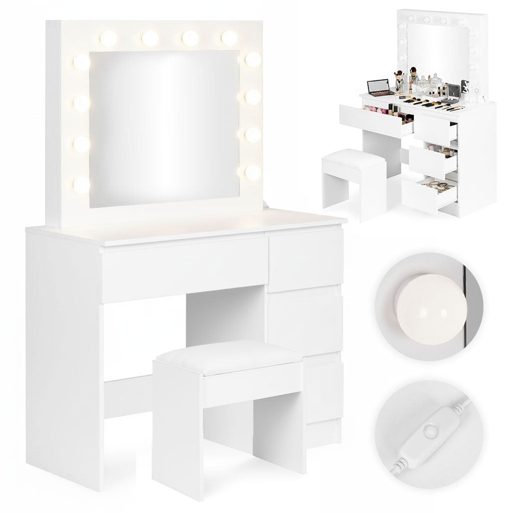 Vanity Table with LED Mirror, 4 Drawers + Stool