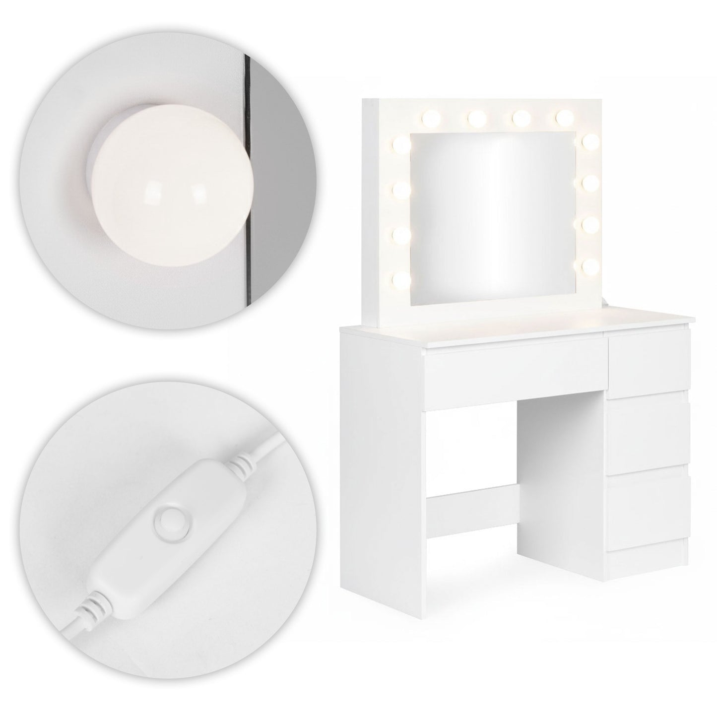 Vanity Table with LED Mirror, 4 Drawers + Stool