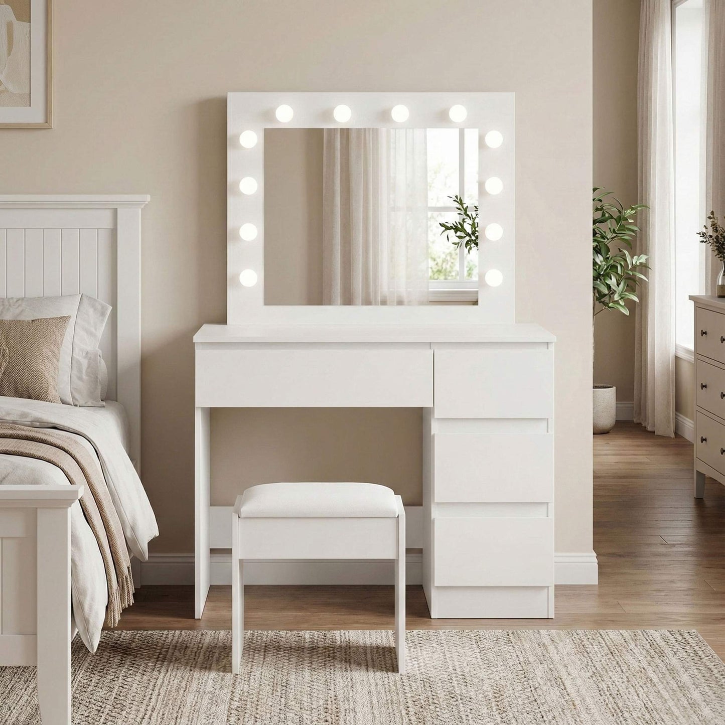 Vanity Table with LED Mirror, 4 Drawers + Stool