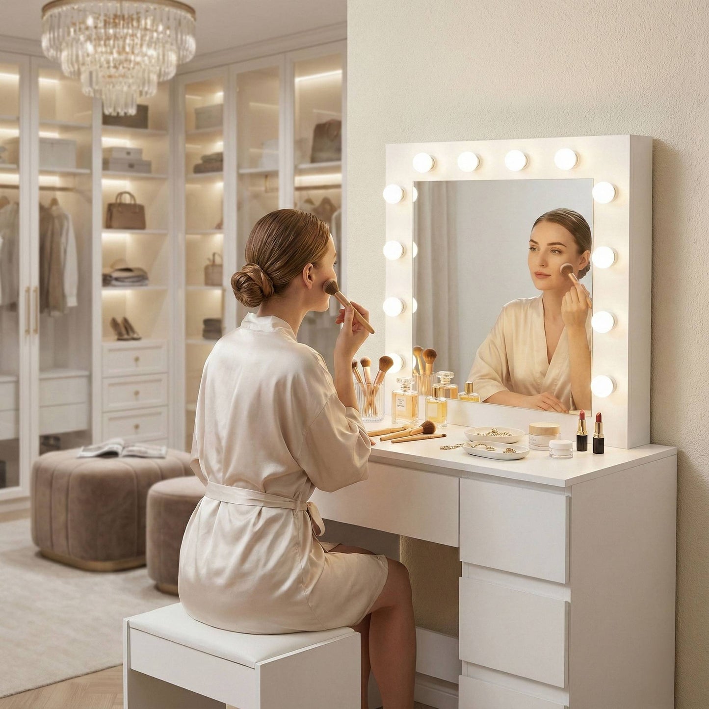 Vanity Table with LED Mirror, 4 Drawers + Stool