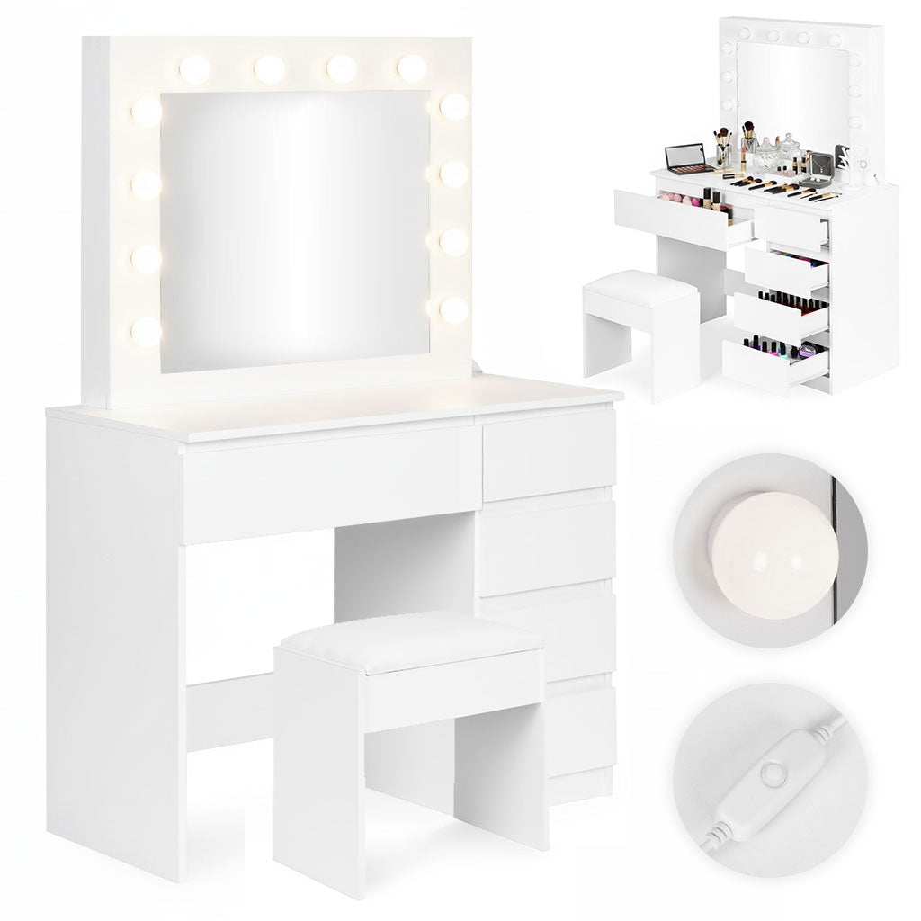 Vanity Table with LED Mirror, 5 Drawers, Stool Included