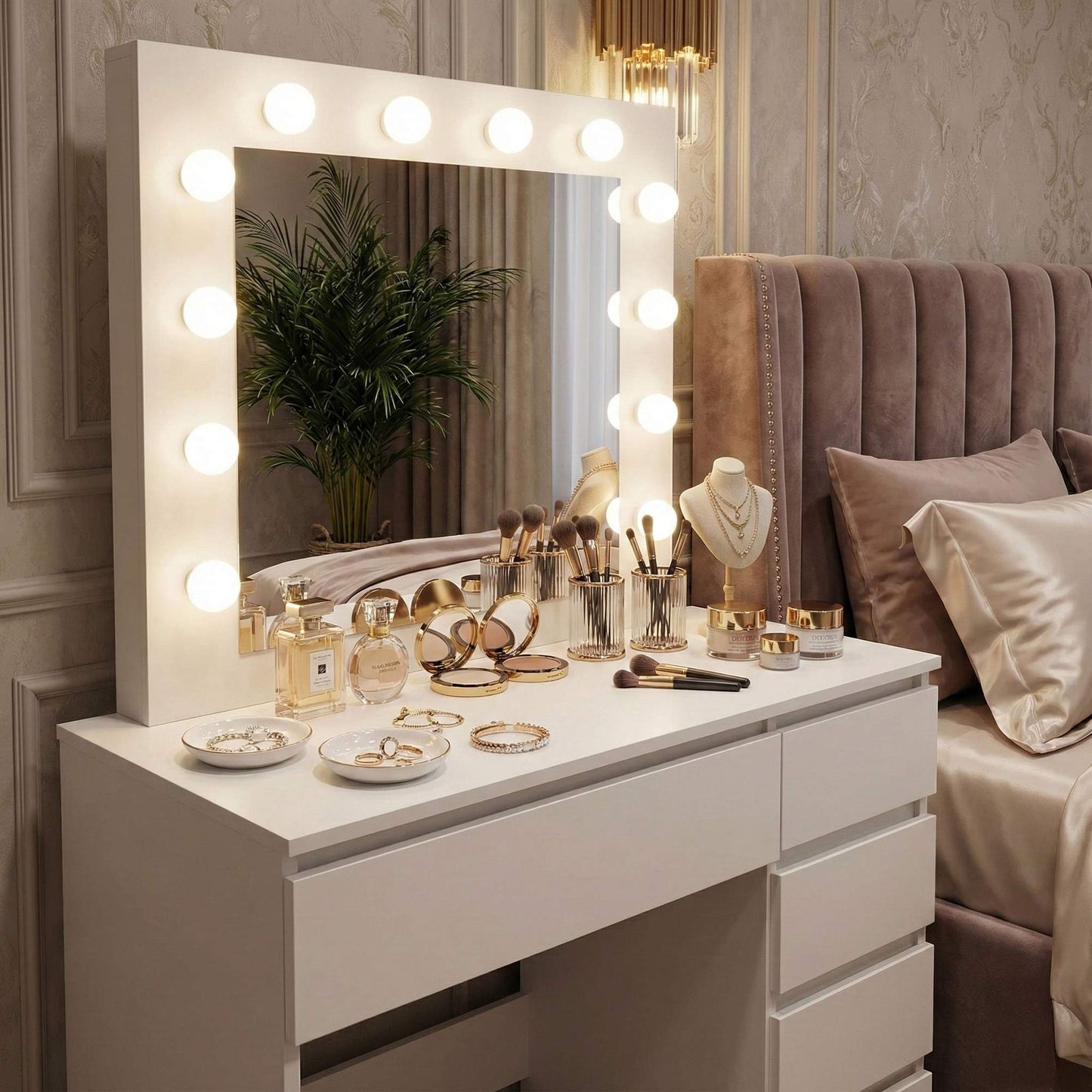 Vanity Table with LED Mirror, 5 Drawers, Stool Included
