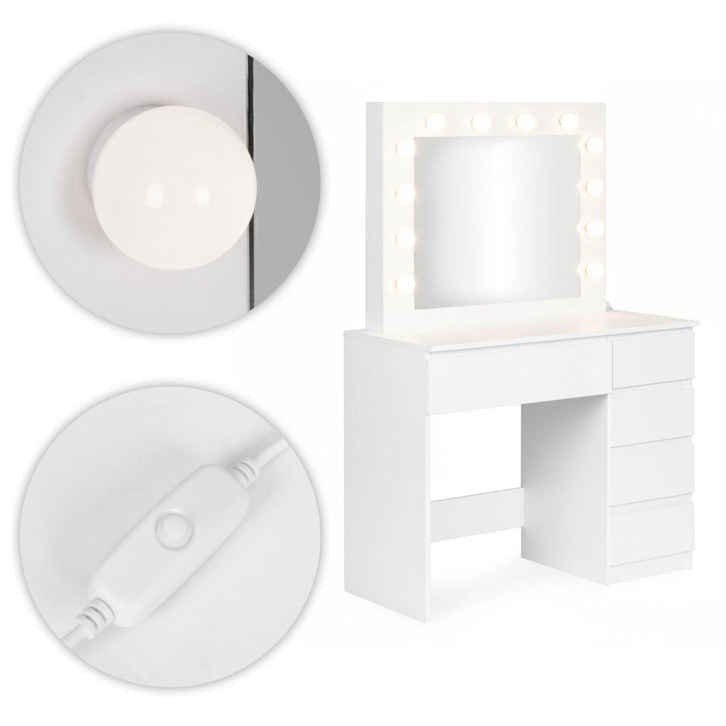 Vanity Table with LED Mirror, 5 Drawers, Stool Included