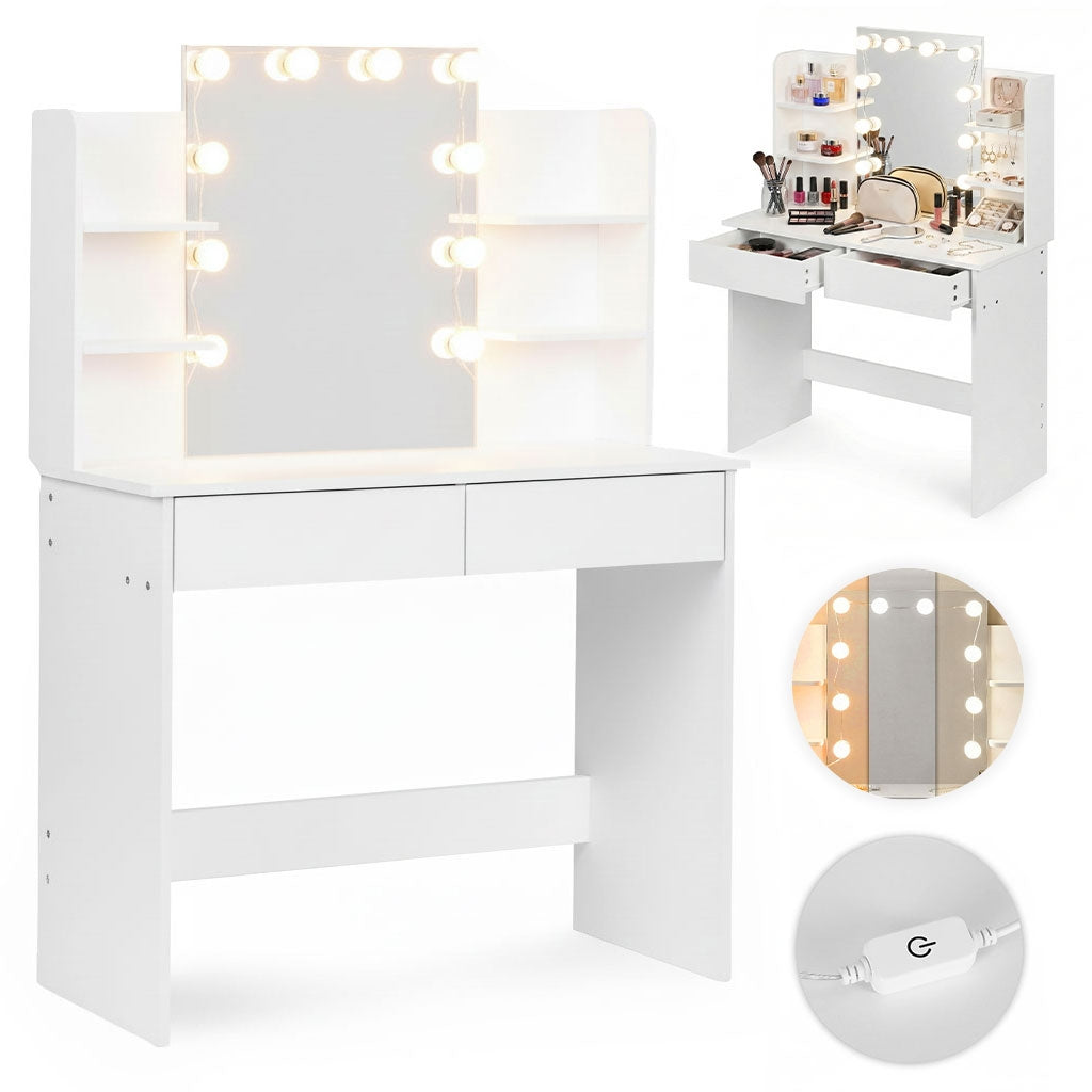Vanity Table with LED Mirror, Drawers, Shelves, 3 Light Modes