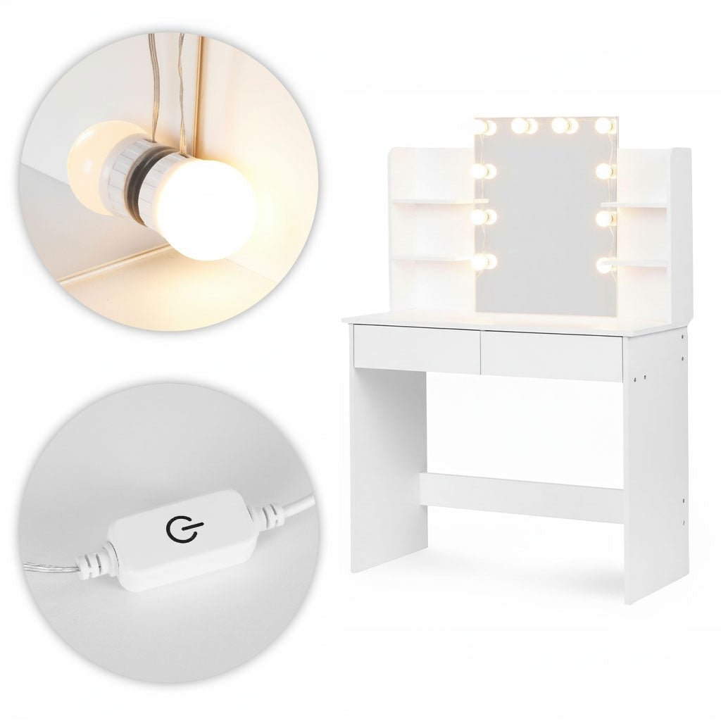 Vanity Table with LED Mirror, Drawers, Shelves, 3 Light Modes