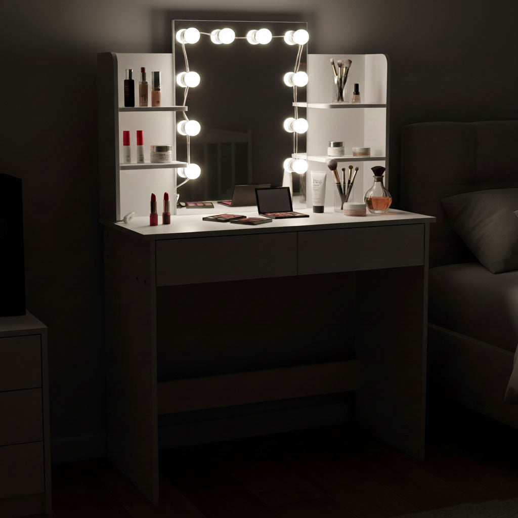 Vanity Table with LED Mirror, Drawers, Shelves, 3 Light Modes