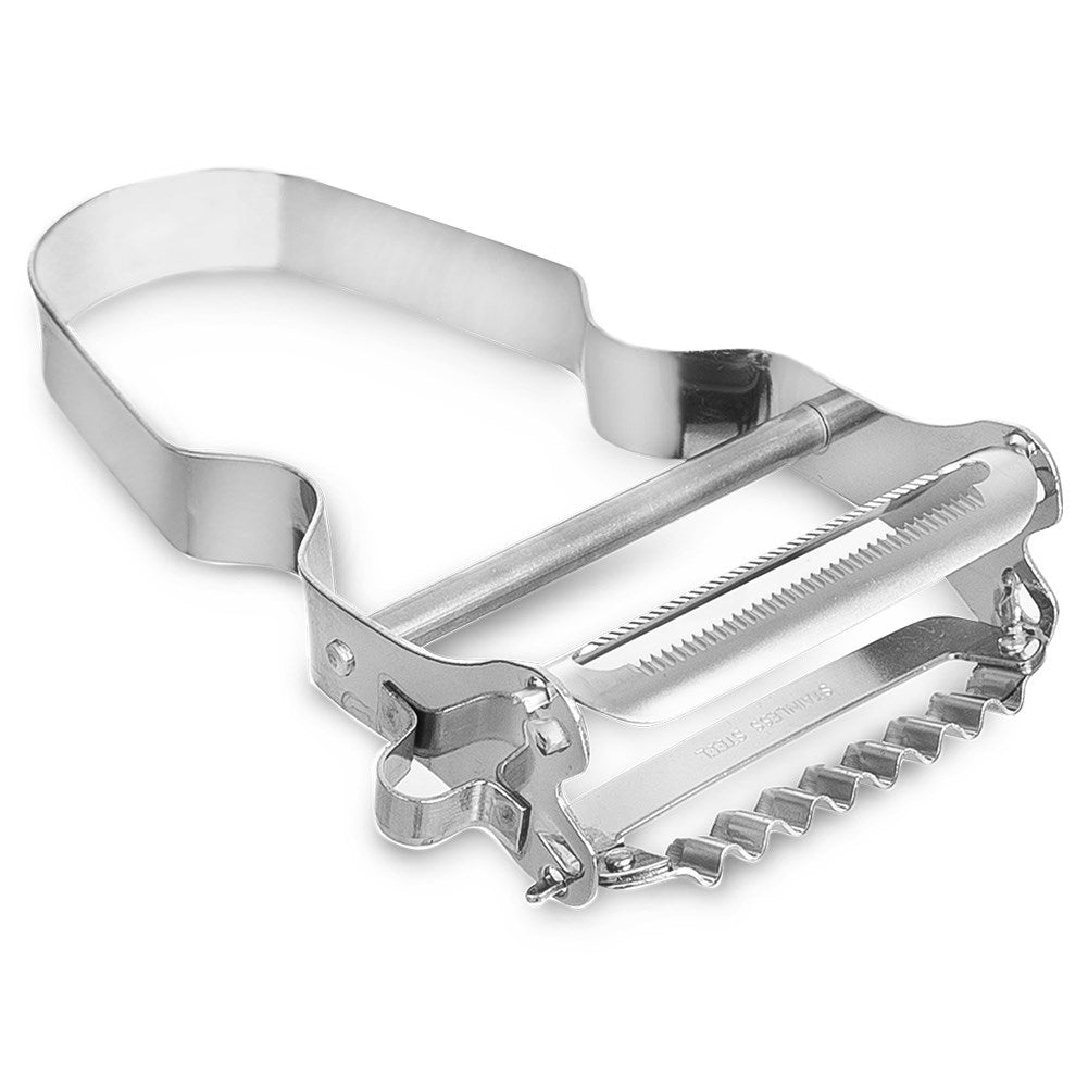 Vegetable peeler with double blades for patterns and slices