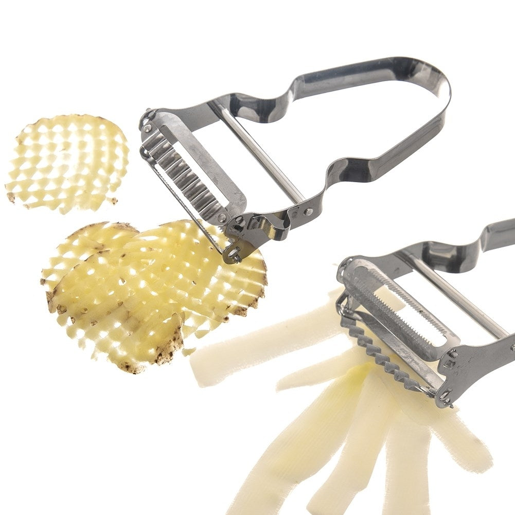Vegetable peeler with double blades for patterns and slices