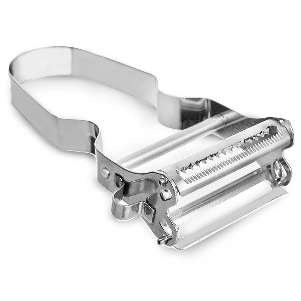 Vegetable peeler with double blades for peeling and shredding