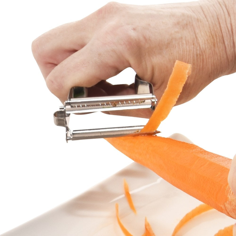 Vegetable peeler with double blades for peeling and shredding