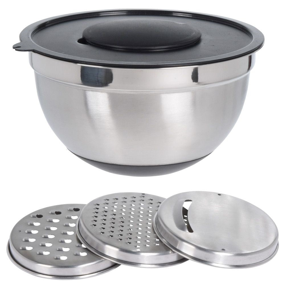 Versatile bowl with grater and lid for easy cooking