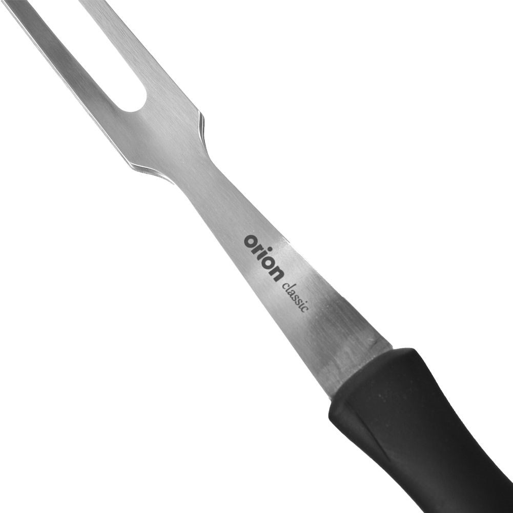 Versatile kitchen fork in stainless steel and black plastic