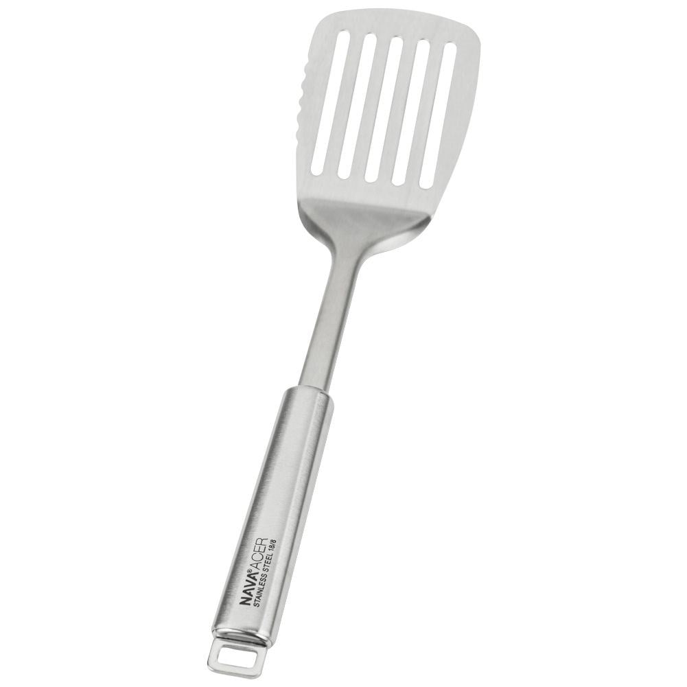 Versatile kitchen spatula in matt stainless steel, dishwasher safe