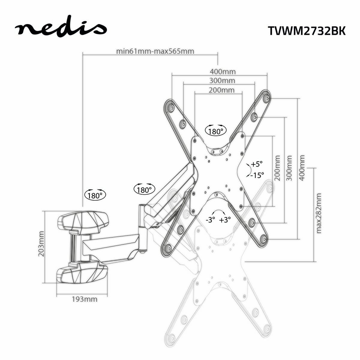 Vertical TV Wall Mount | 23-55" | Maximum Screen Weight Supported: 30kg | Vertical Movement: 0-282mm | Minimum Wall Distance: 61mm | Maximum Wall Distance: 565mm | Tiltable | Rotatable | 3 Pivot Point(s) | ABS / Steel | Black
