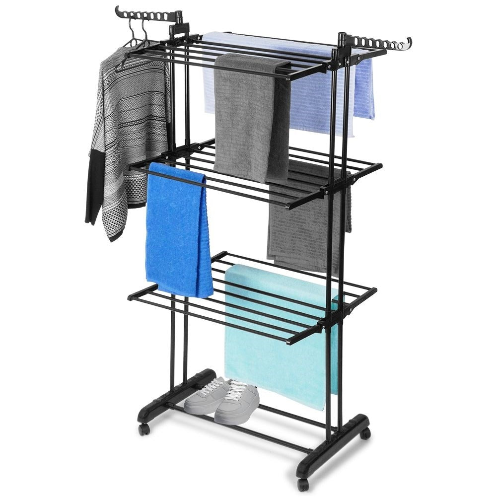 Vertical drying rack with 6 arms, hooks and shelf