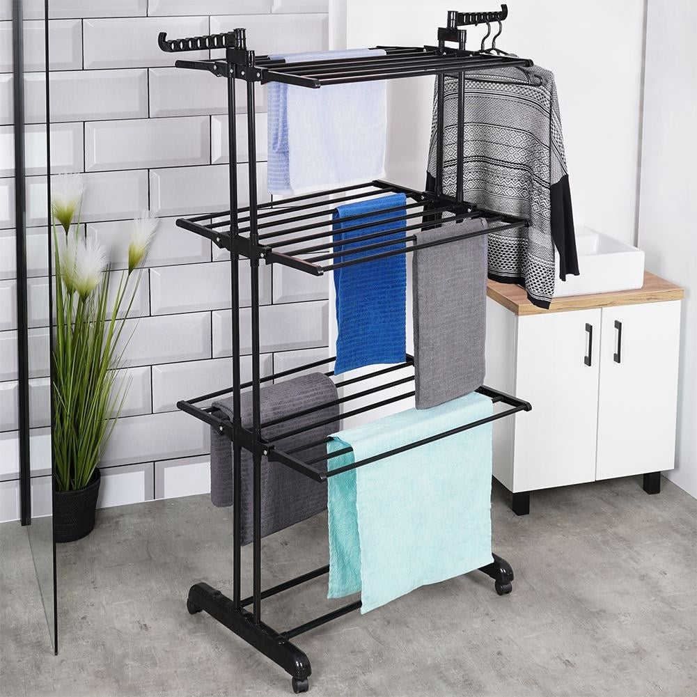 Vertical drying rack with 6 arms, hooks and shelf
