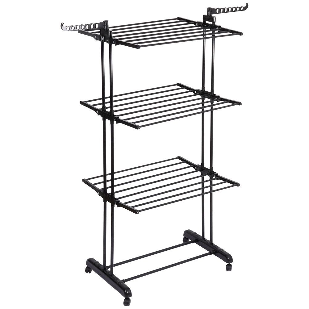 Vertical drying rack with 6 arms, hooks and shelf