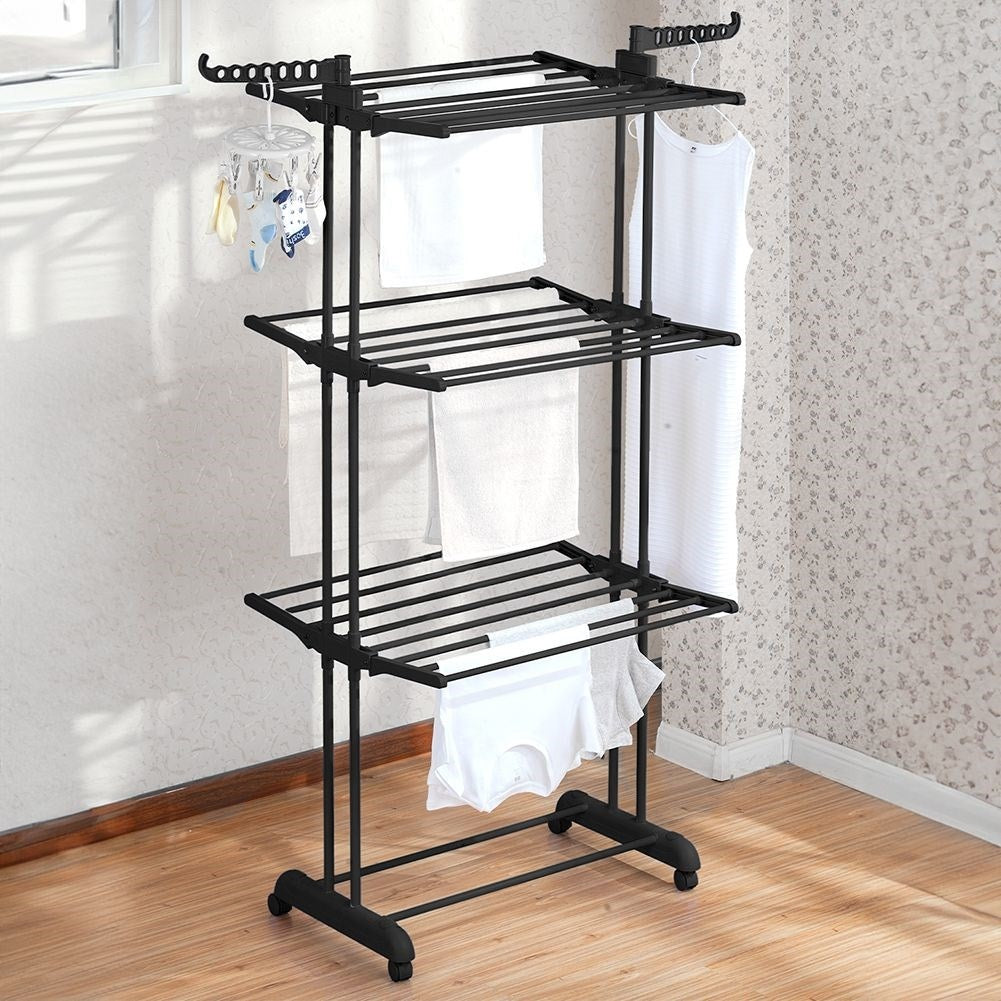 Vertical drying rack with 6 arms, hooks and shelf