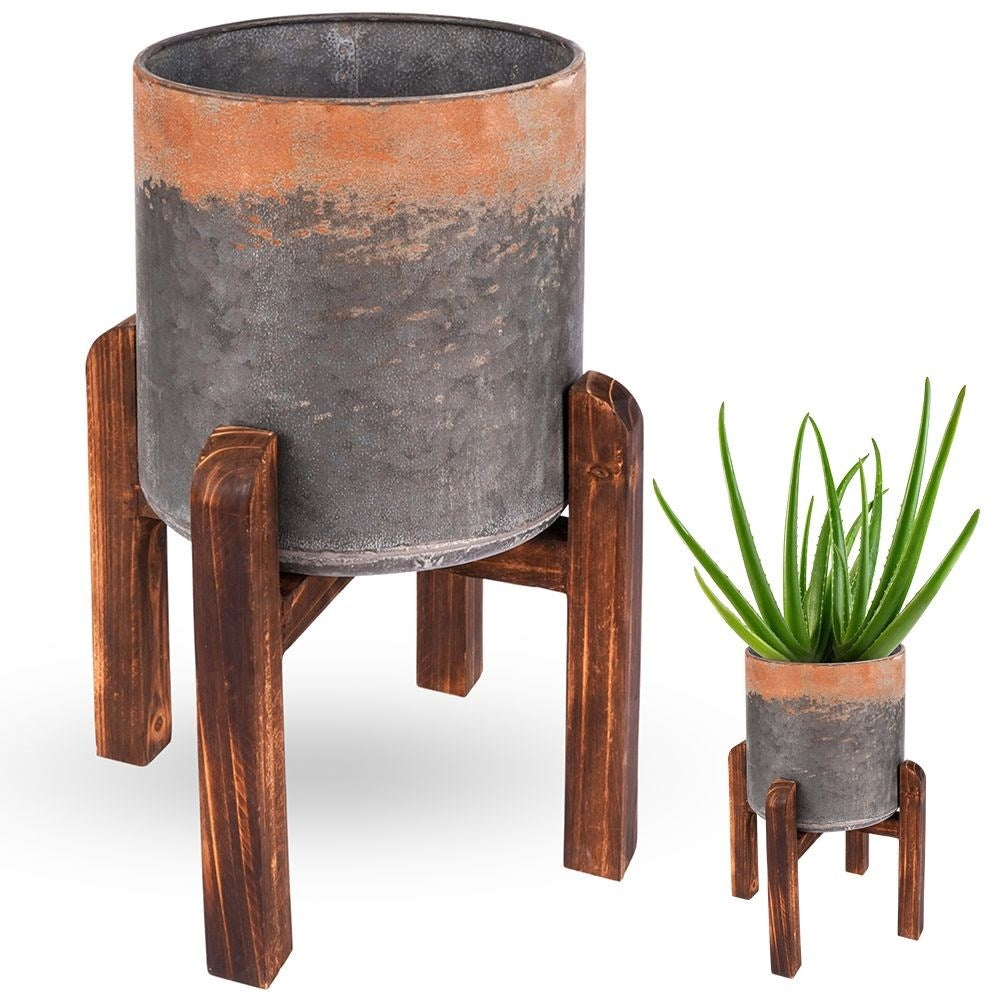 Vintage Flower Pot in Steel with Wooden Stand