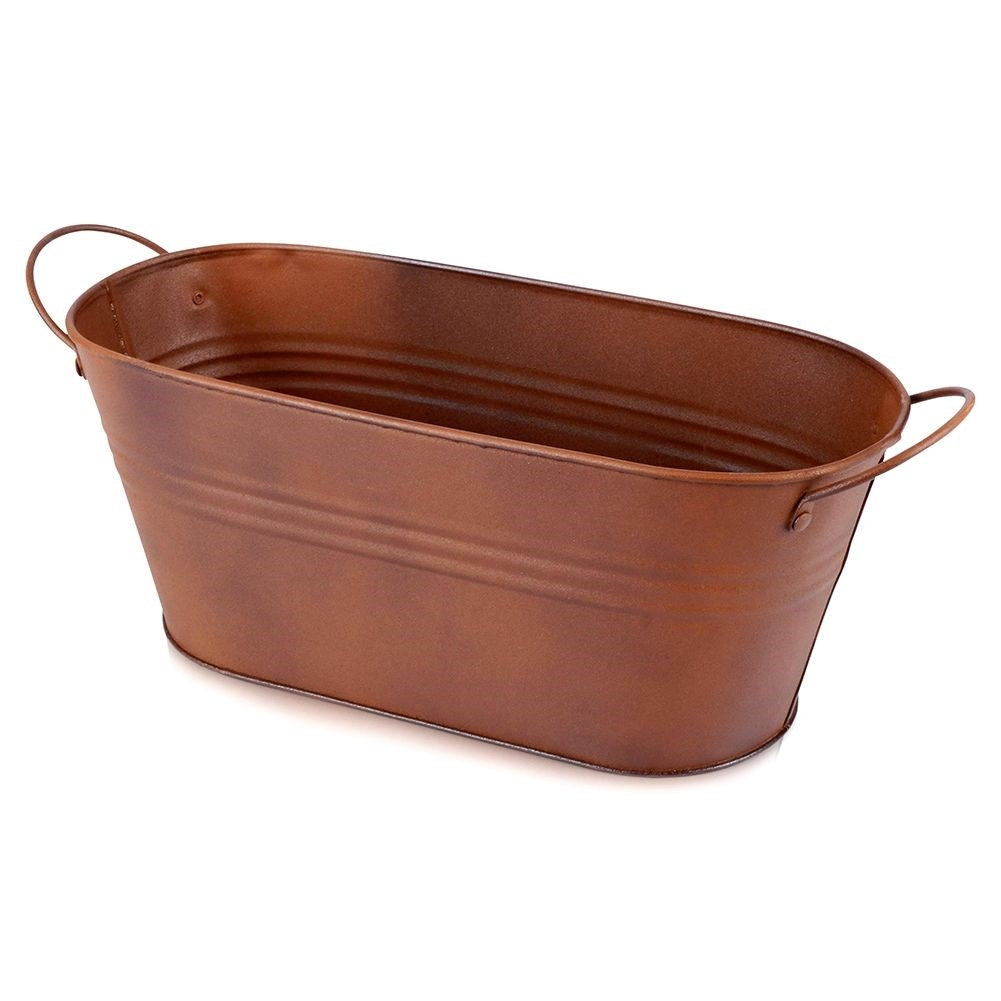 Vintage style oblong metal pot with a rusty finish